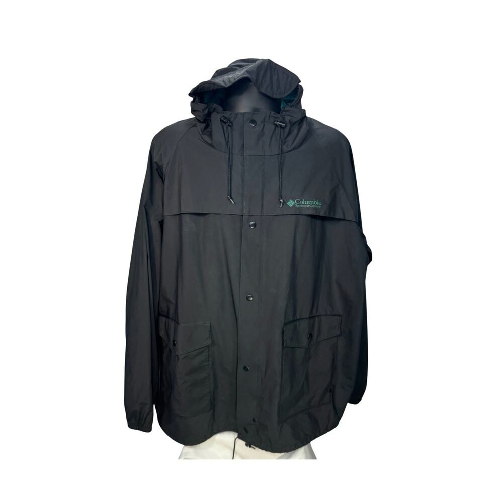 Columbia Hooded Rain Jacket Men's XL Black Waterproof Hiking Fishing 90s Vtg